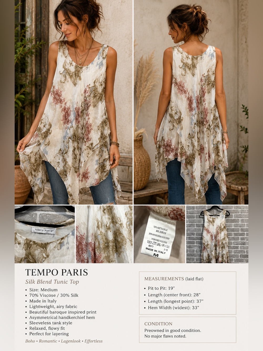 Tempo Paris Silk Blend Tunic Top M Made In Italy Boho Lagenlook Handkerchief Hem